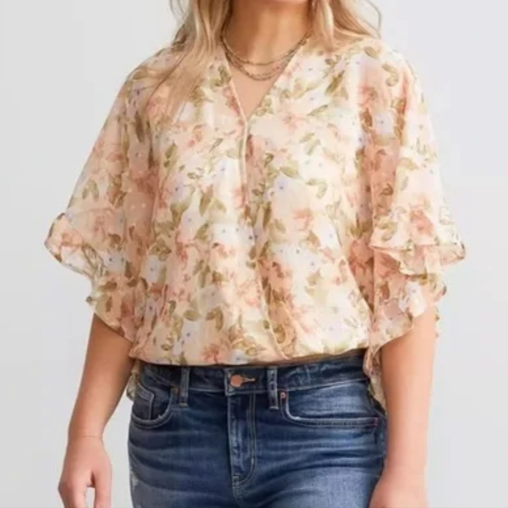 Daytrip Flutter Sleeve Floral Wrap Blouse